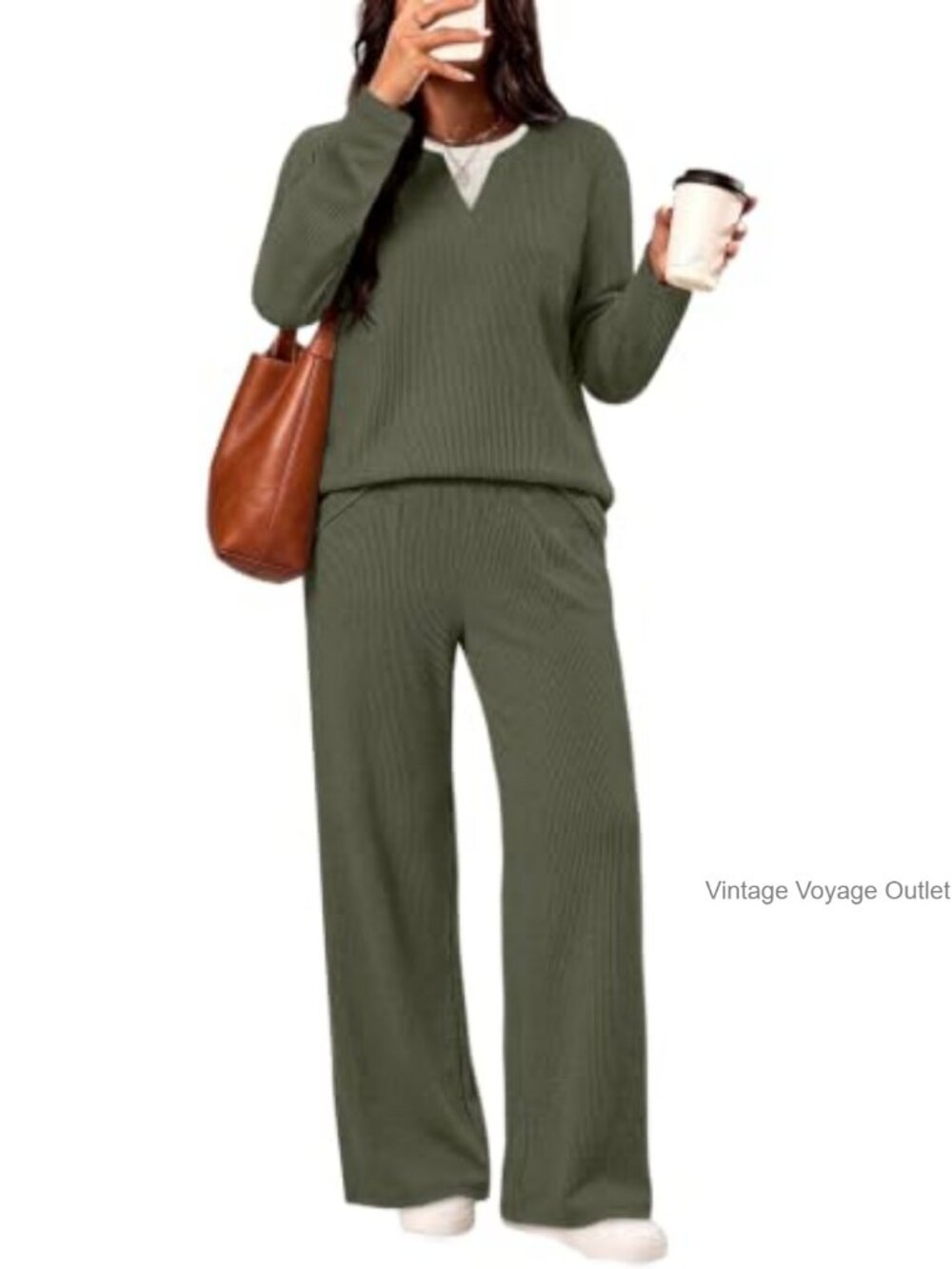 Women's 2 Piece Lounge Set Long Sleeve V-Neck Top & Wide-Leg Pants Polyester